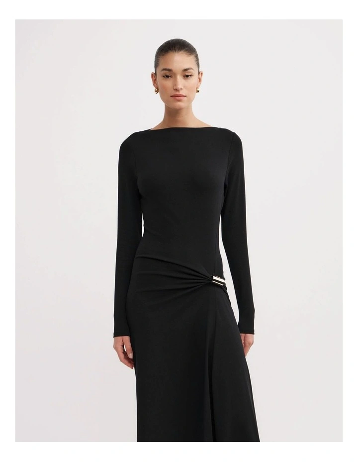 Longsleeve Trim Detail Rib Dress in Black image 2