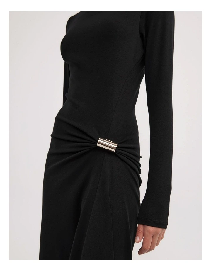 Longsleeve Trim Detail Rib Dress in Black image 3