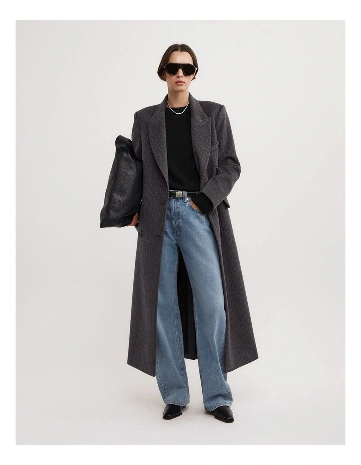 Double Breasted Coat in Charcoal Pinstripe image 2