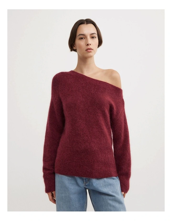 Fluffy Asymmetric Knit Top in Ruby image 1