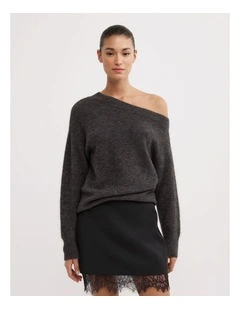Fluffy Asymmetric Knit Jumpers in Charcoal Marle