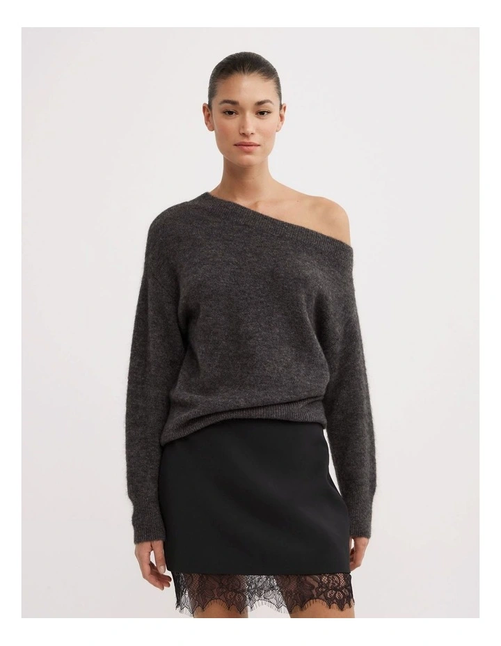 Fluffy Asymmetric Knit Jumpers in Charcoal Marle image 1