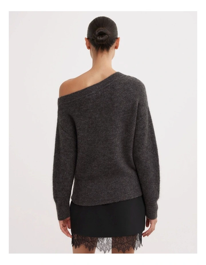 Fluffy Asymmetric Knit Jumpers in Charcoal Marle image 2