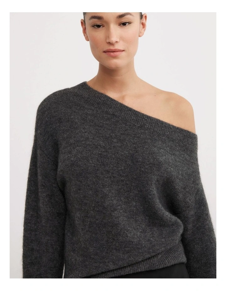 Fluffy Asymmetric Knit Jumpers in Charcoal Marle image 3