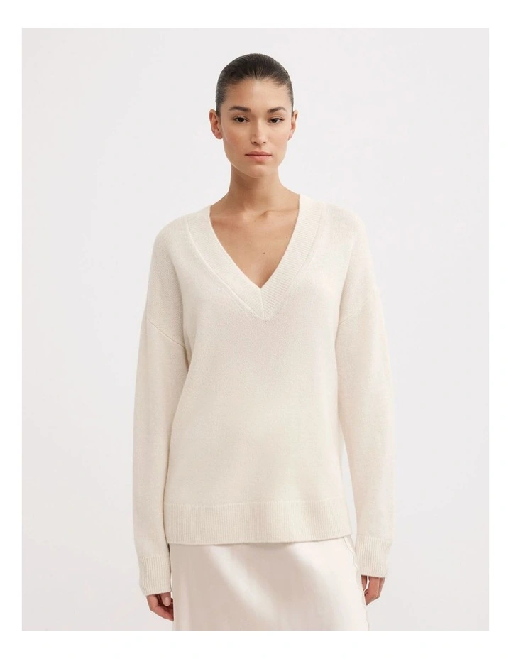 Cashmere V-neck Knit Jumper in Cream image 1