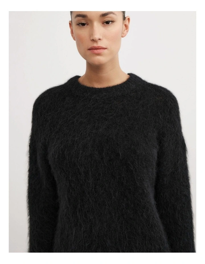 Fluffy Crew Neck Knit Jumper in Black image 3