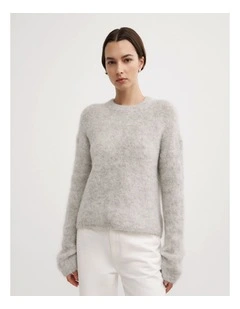 Fluffy Crew Neck Knit Jumper in Light Grey Marle