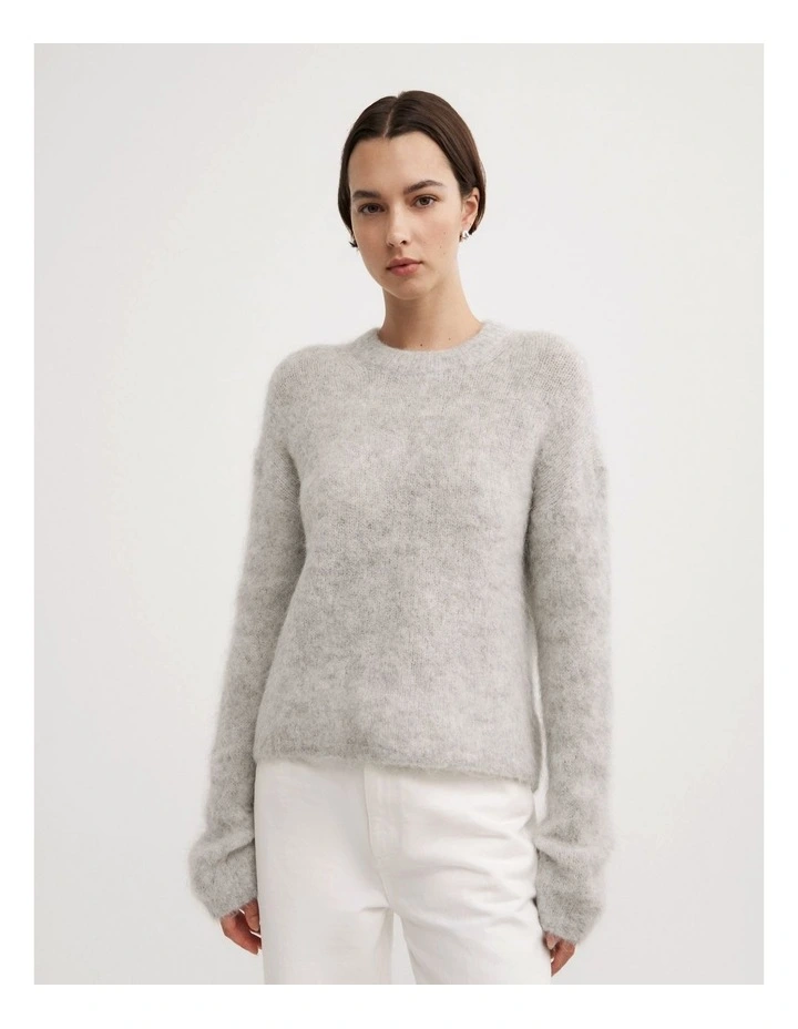Fluffy Crew Neck Knit Jumper in Light Grey Marle image 1