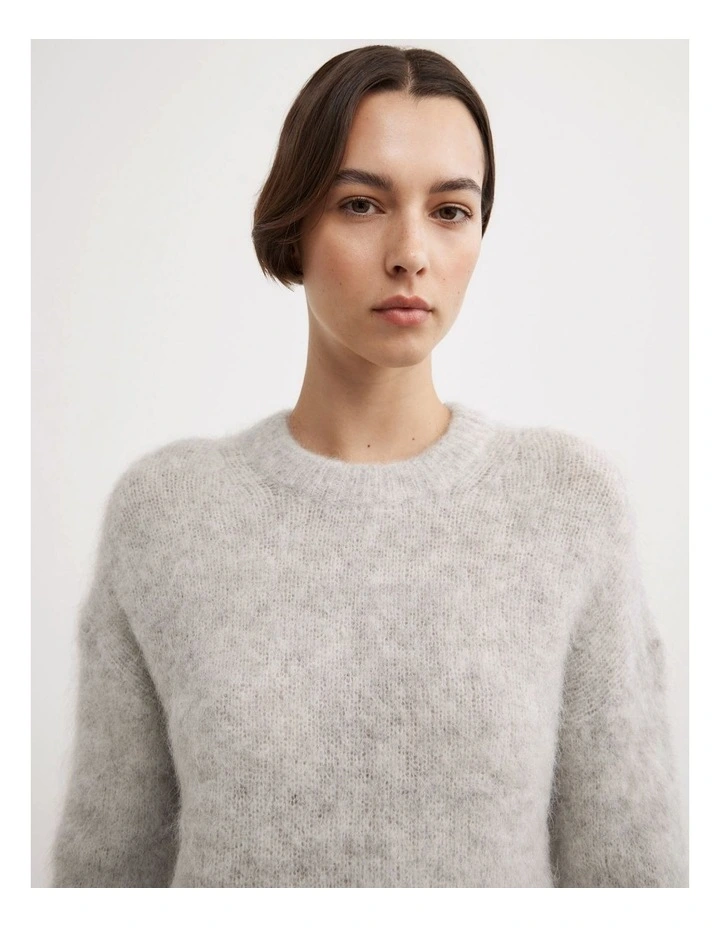 Fluffy Crew Neck Knit Jumper in Light Grey Marle image 4