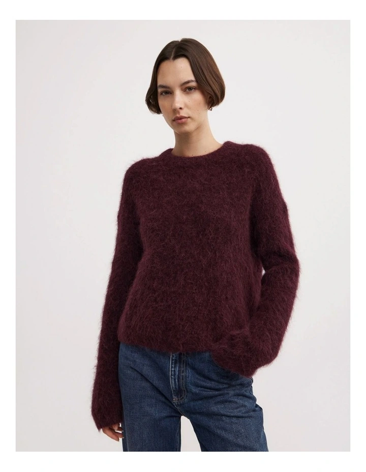 Fluffy Crew Neck Knit Jumper in Aubergine image 1