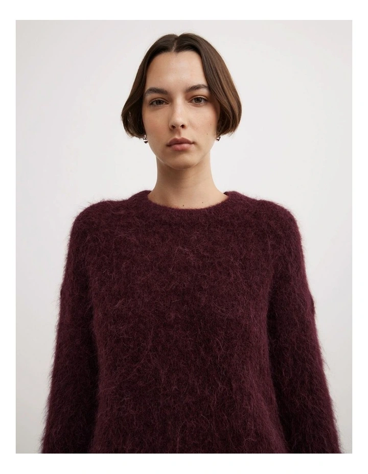 Fluffy Crew Neck Knit Jumper in Aubergine image 3
