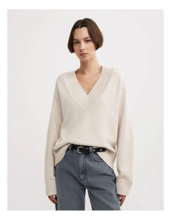 V-neck Knit Jumper in Oat Marle image 1