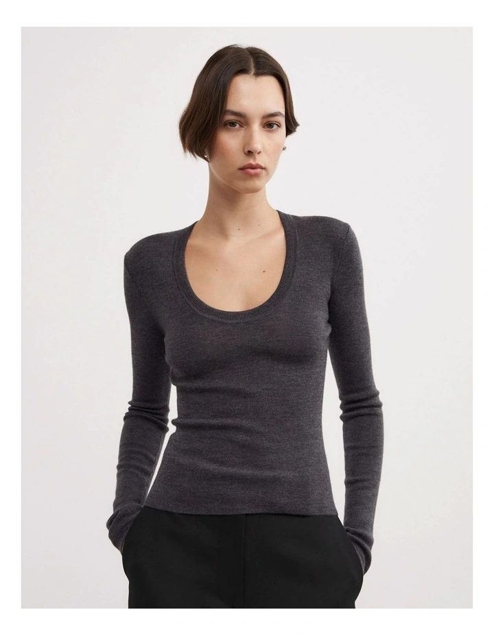 Merino Scoop Neck Knit Jumpers in Charcoal Marle image 3