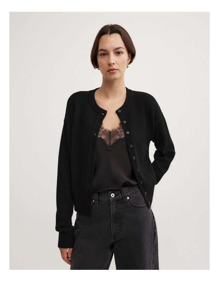 Crew Neck Button Cardigan in Black image 1