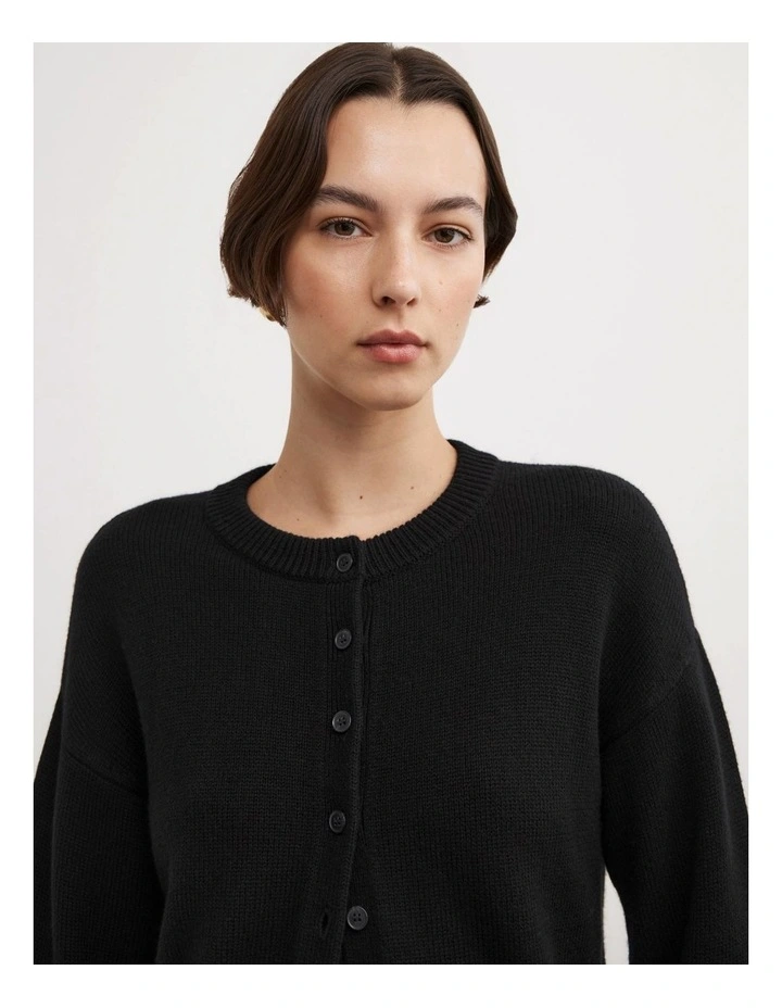 Crew Neck Button Cardigan in Black image 3