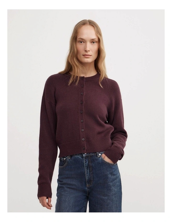 Crew Neck Button Cardigan in Aubergine image 1