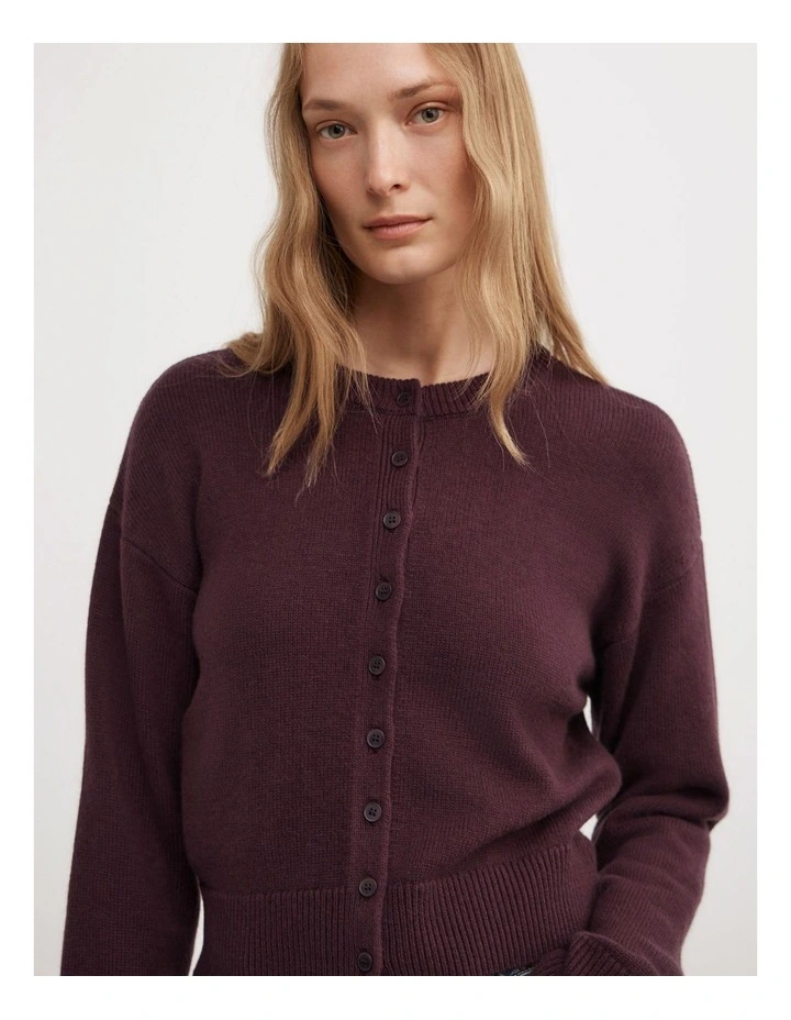 Crew Neck Button Cardigan in Aubergine image 3