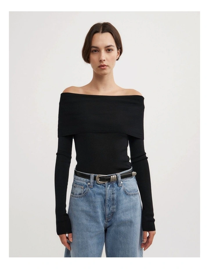 Fold Over Knit Top in Black image 1