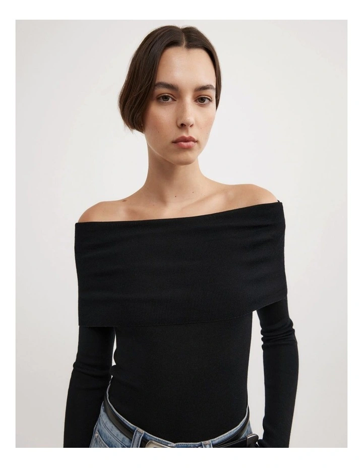Fold Over Knit Top in Black image 3