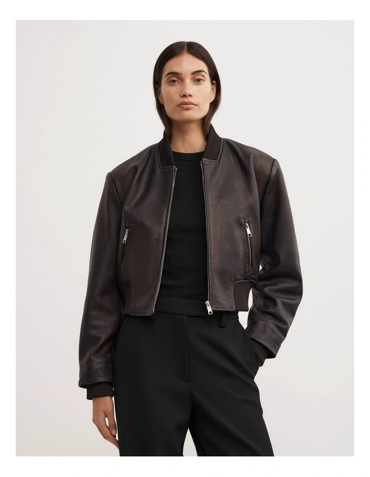 Crop Burnished Bomber Jacket in Chocolate image 1