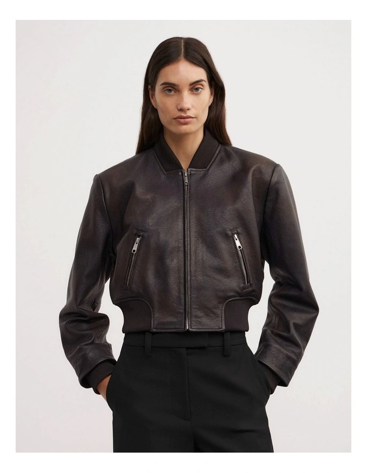 Crop Burnished Bomber Jacket in Chocolate image 3
