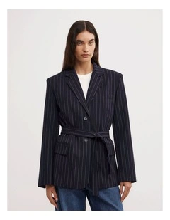 Belted Pinstripe Blazer in Navy Pinstripe