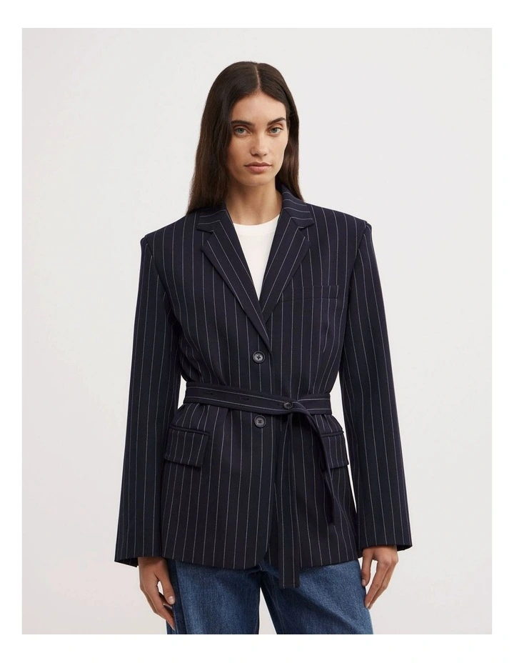 Belted Pinstripe Blazer in Navy Pinstripe image 1