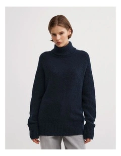 Boucle High Neck Knit in Navy