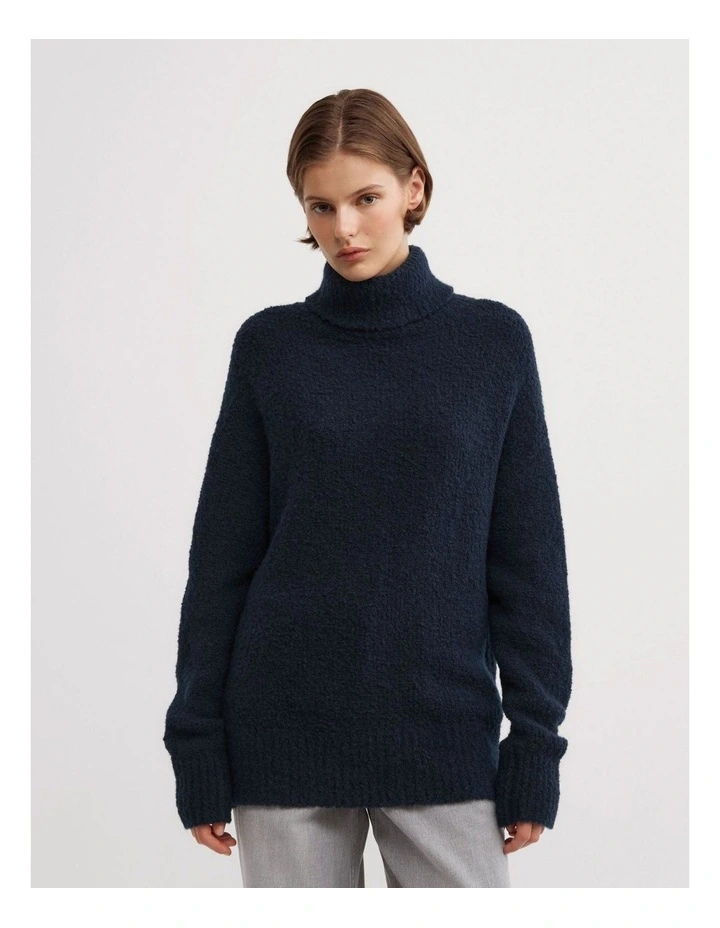 Boucle High Neck Knit in Navy image 1