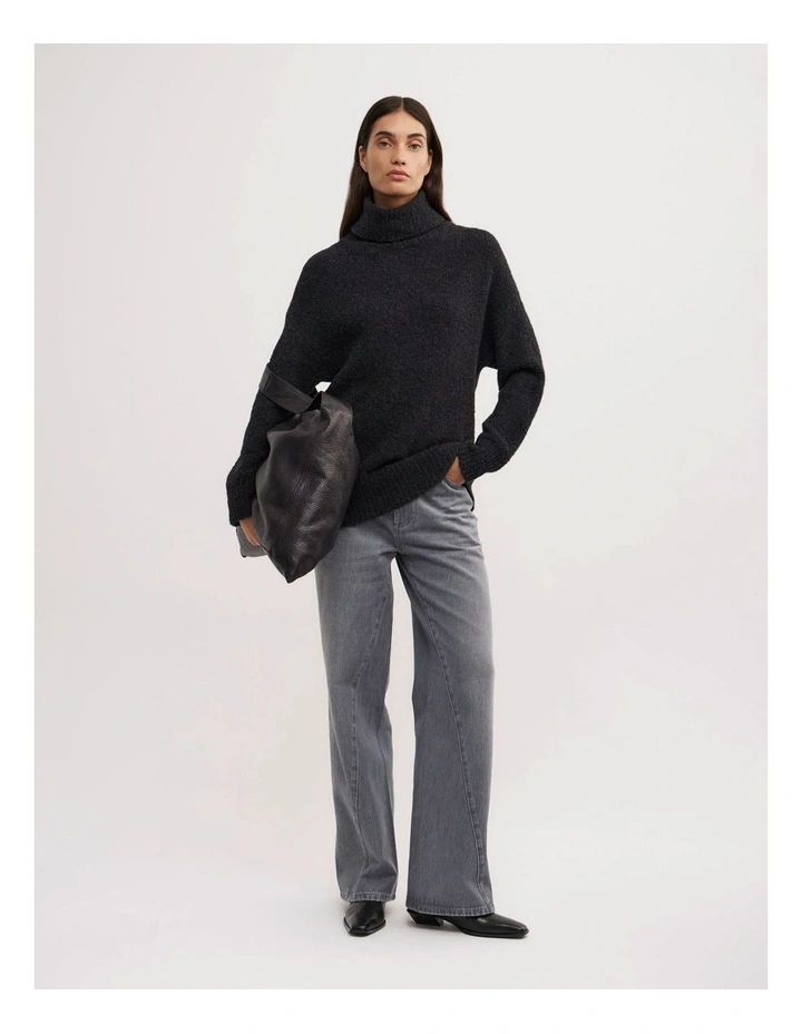 Boucle High Neck Knit in Charcoal Marle image 2