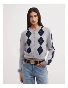 Argyle Cropped Cardigan in Grey Marle Multi