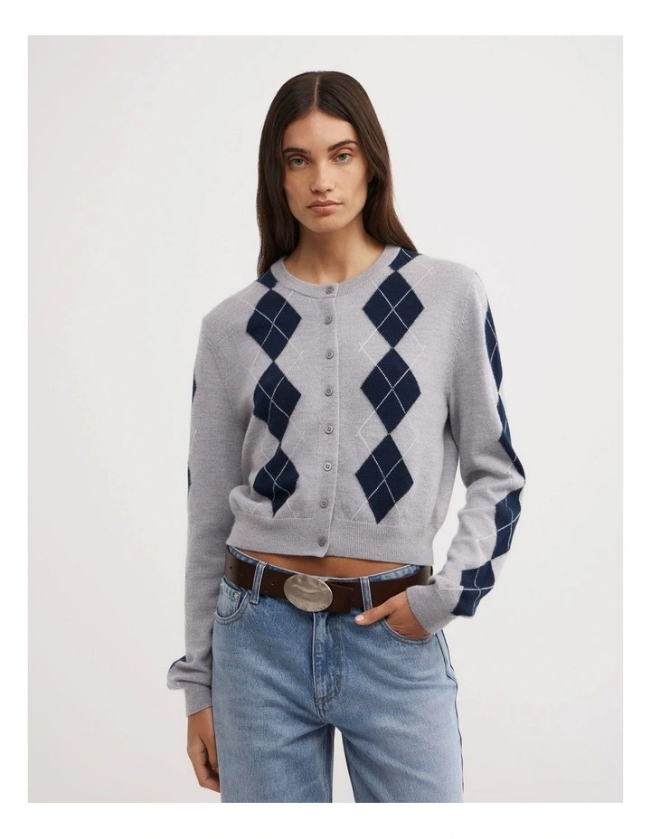 Argyle Cropped Cardigan in Grey Marle Multi image 1