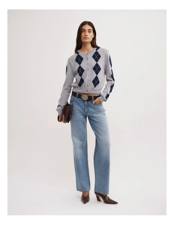 Argyle Cropped Cardigan in Grey Marle Multi image 2