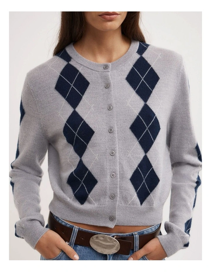 Argyle Cropped Cardigan in Grey Marle Multi image 3