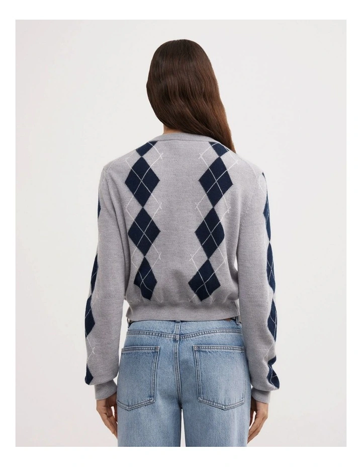 Argyle Cropped Cardigan in Grey Marle Multi image 4