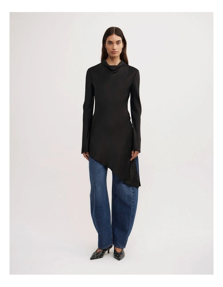 Long Sleeve Asymmetric Tunic Top in Black image 3
