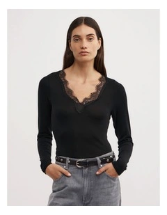 Lace Detail Long Sleeve Top in Black