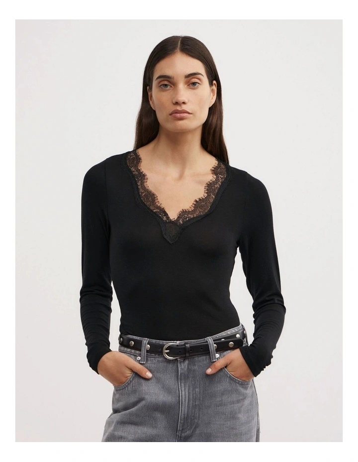 Lace Detail Long Sleeve Top in Black image 1