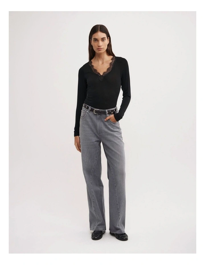 Lace Detail Long Sleeve Top in Black image 2