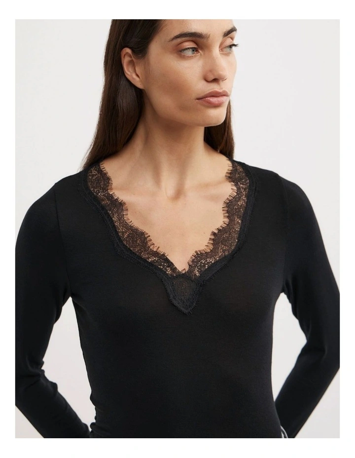 Lace Detail Long Sleeve Top in Black image 3