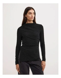 Asymmetric Flocked Long Sleeve Top in Black Spot