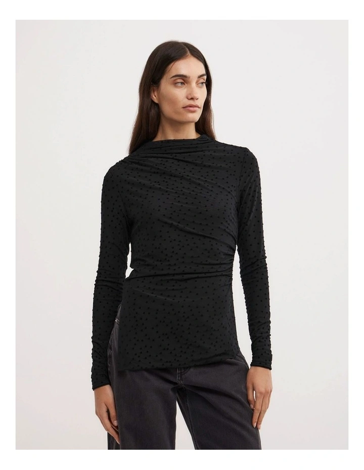Asymmetric Flocked Long Sleeve Top in Black Spot image 1