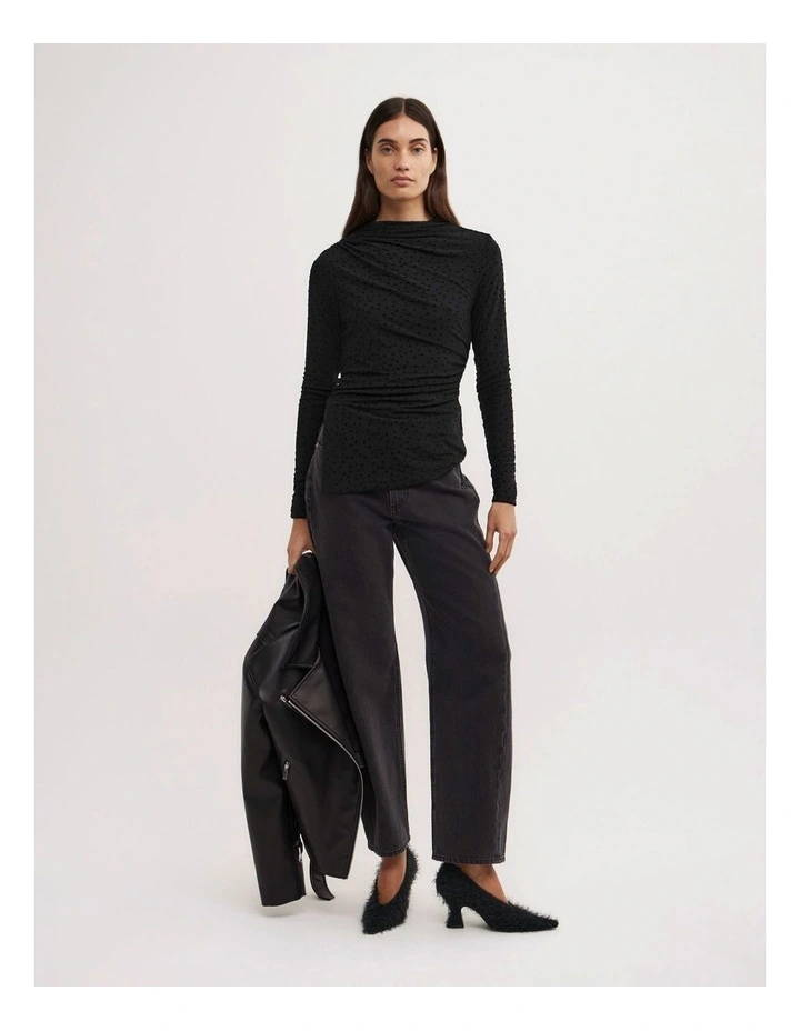 Asymmetric Flocked Long Sleeve Top in Black Spot image 2