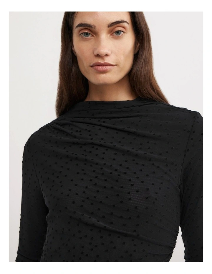 Asymmetric Flocked Long Sleeve Top in Black Spot image 3