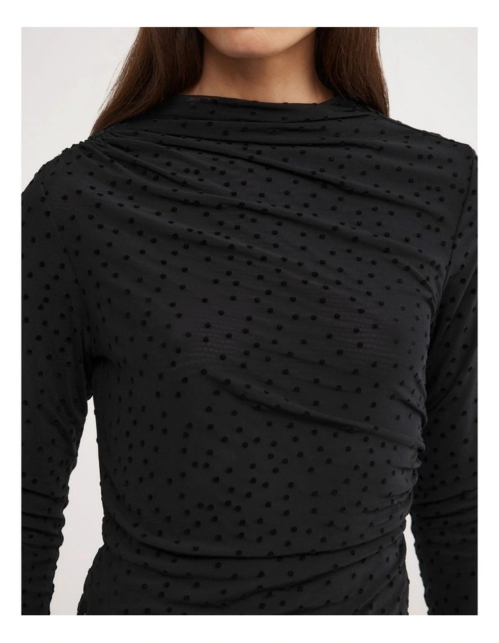 Asymmetric Flocked Long Sleeve Top in Black Spot image 4