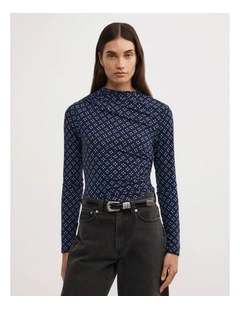 Asymmetric Mesh Long Sleeve Top in Halo Geo