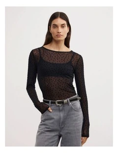 Flocked Spot Long Sleeve Top in Black Spot
