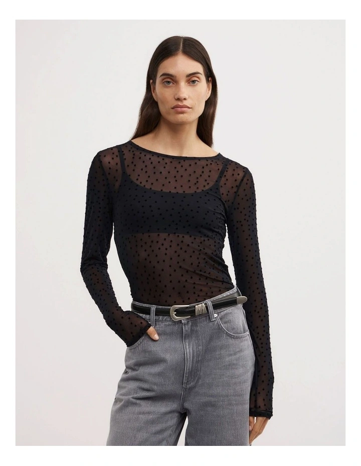 Flocked Spot Long Sleeve Top in Black Spot image 1
