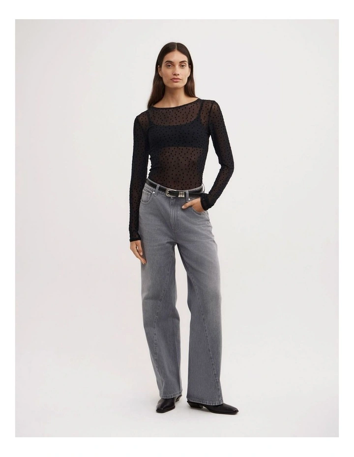 Flocked Spot Long Sleeve Top in Black Spot image 2