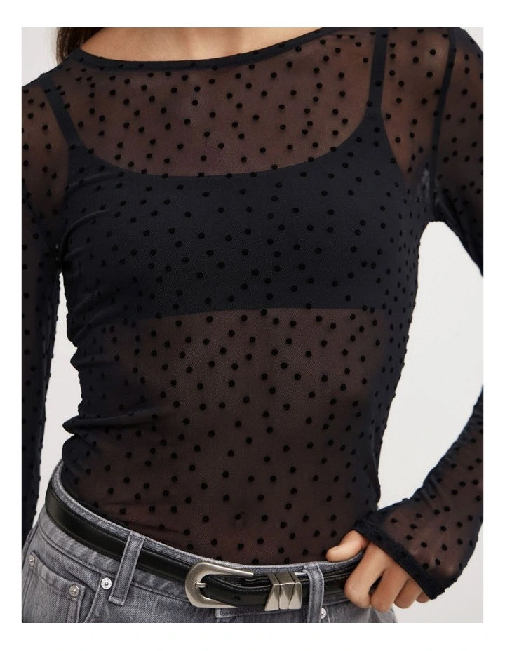 Flocked Spot Long Sleeve Top in Black Spot image 3